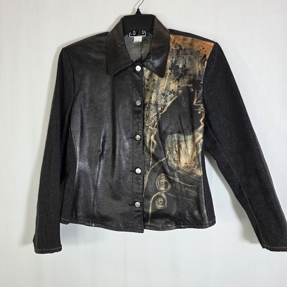 Cocco ⏰ Denim $ Faux Leather Jacket With Black and Gold Art Design Sz L - Picture 1 of 11